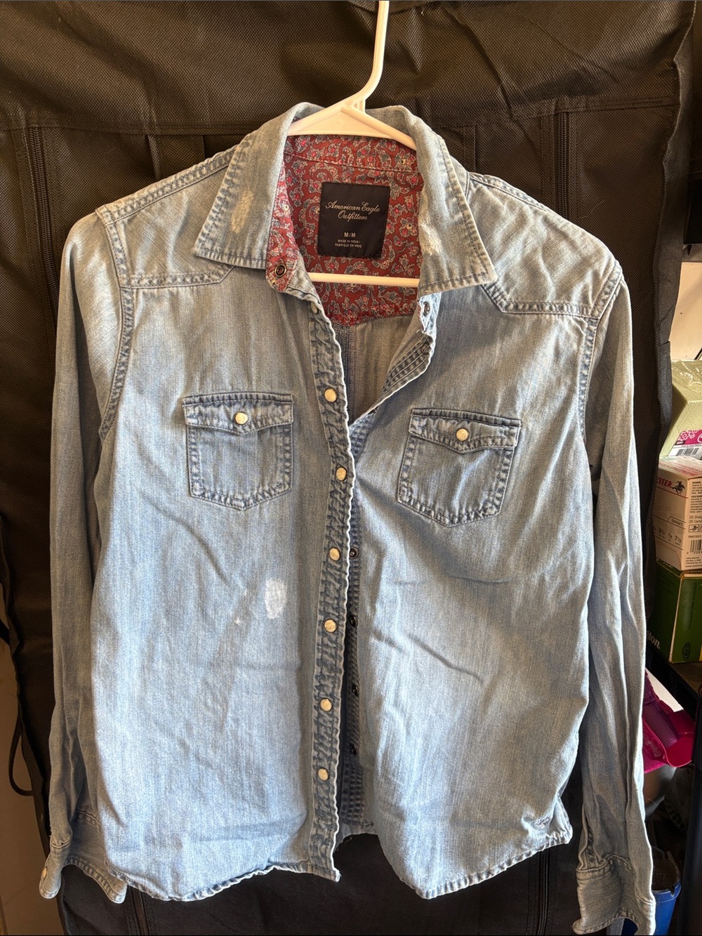 Distressed American Eagle Outfitters Light Wash Denim Button-Down Shirt - Blue